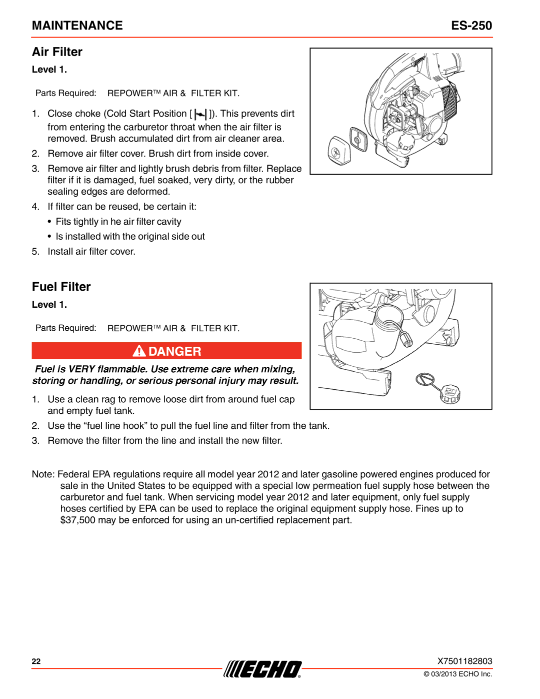 Echo ES-250 specifications Air Filter, Fuel Filter 