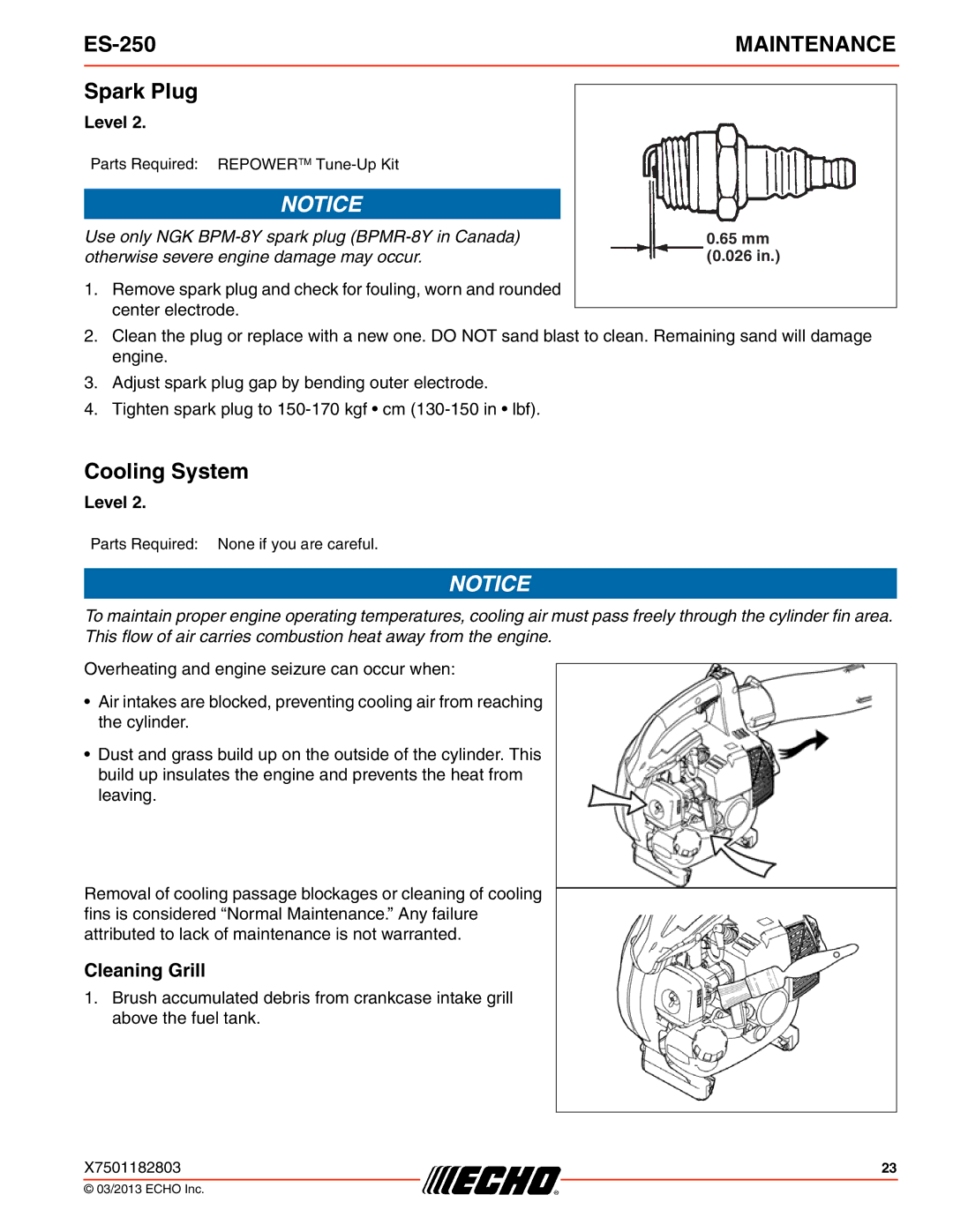 Echo ES-250 specifications Spark Plug, Cooling System, Cleaning Grill 