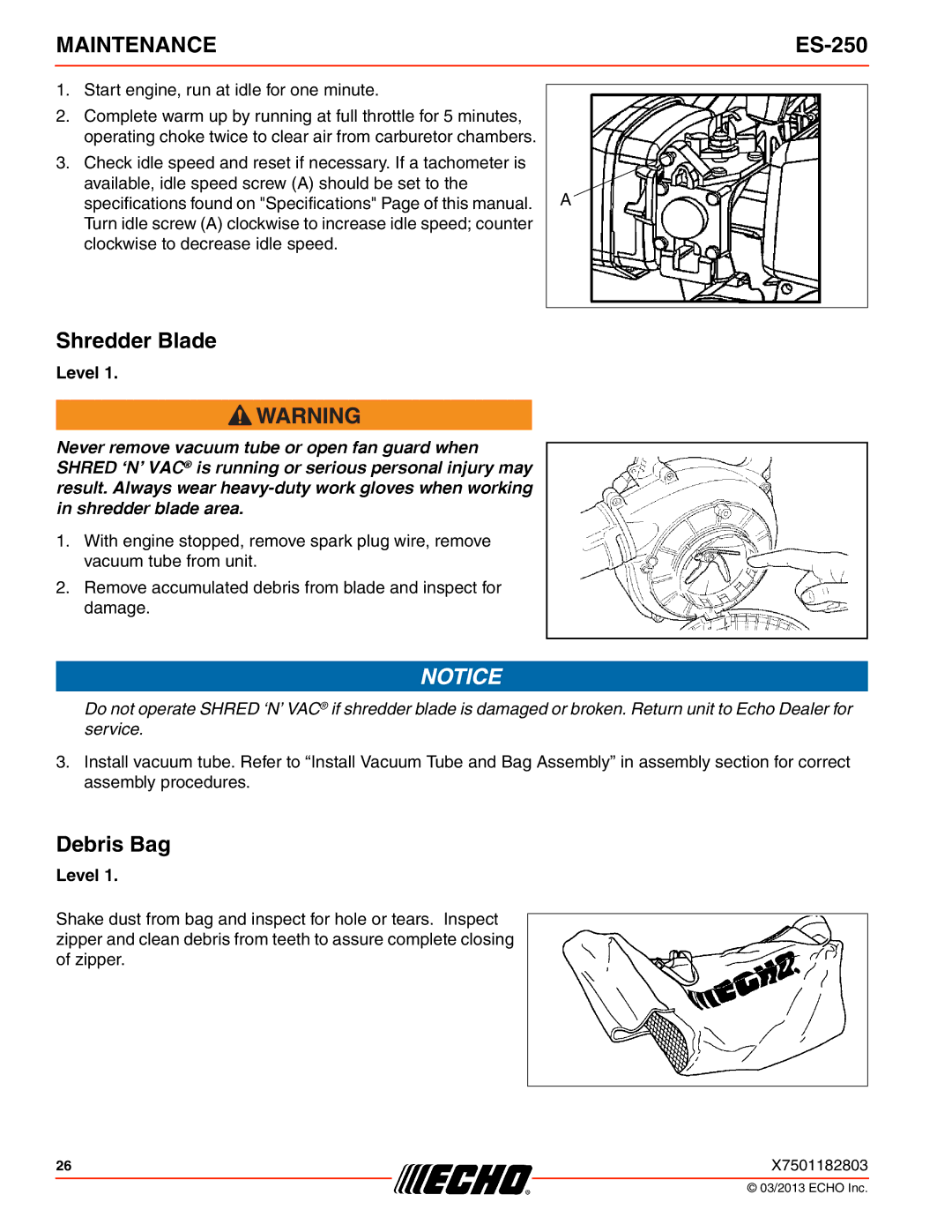 Echo ES-250 specifications Shredder Blade, Debris Bag 