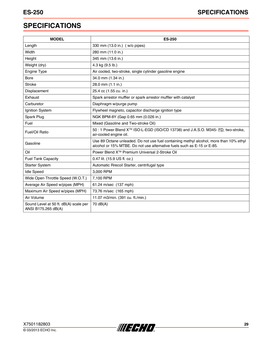 Echo ES-250 specifications Specifications, Model 