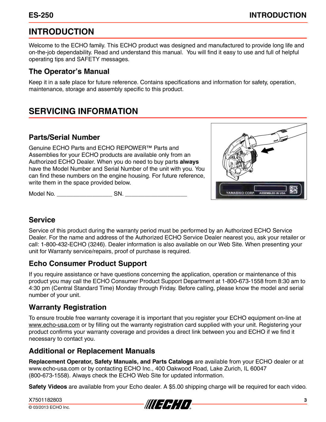 Echo ES-250 specifications Introduction, Servicing Information 