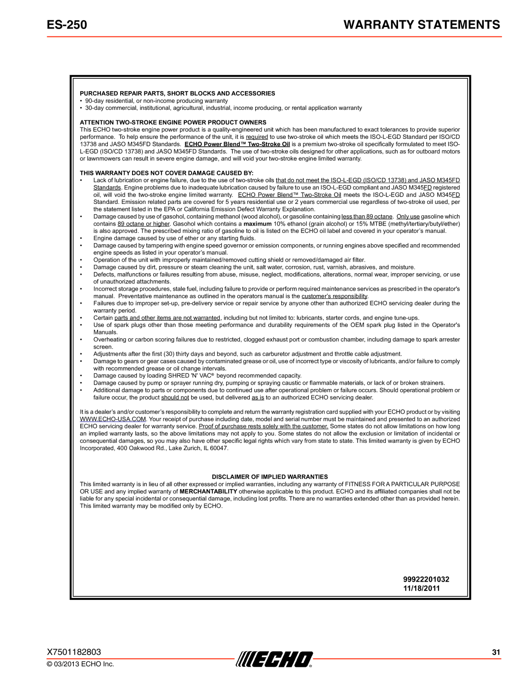 Echo ES-250 specifications Warranty Statements 