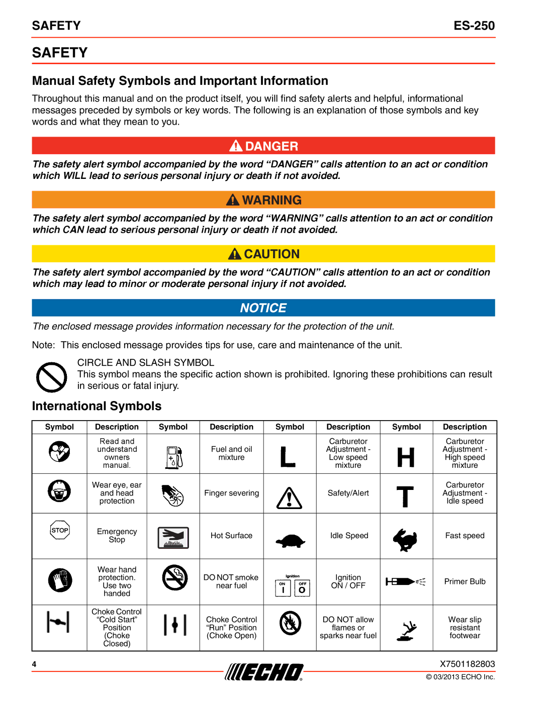 Echo ES-250 specifications Manual Safety Symbols and Important Information, International Symbols 