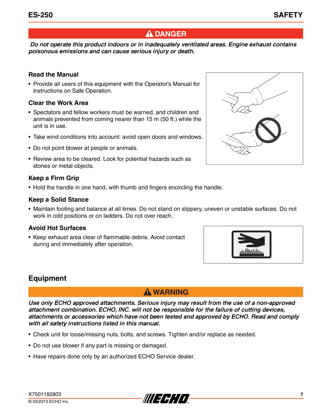 Echo ES-250 specifications Equipment 