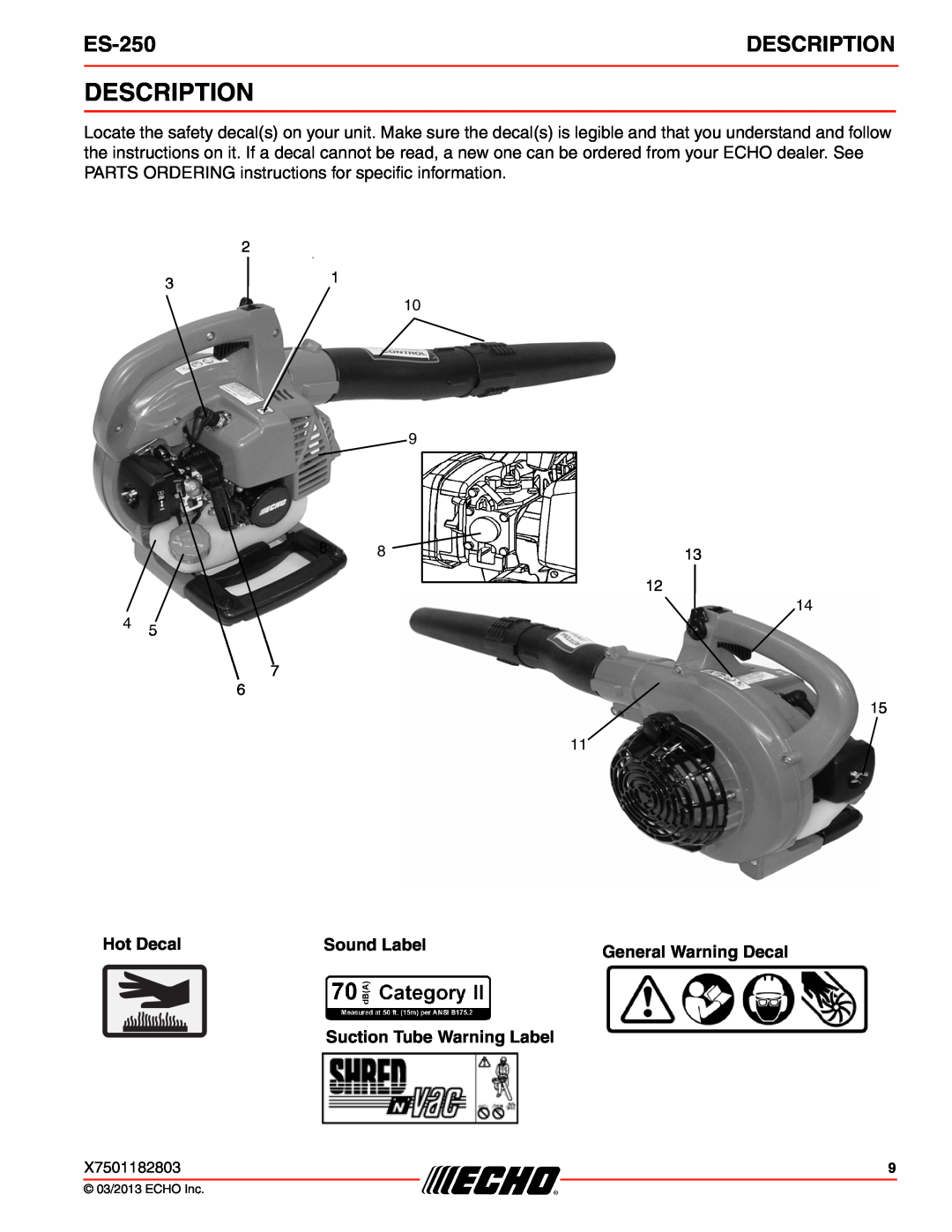 Echo ES-250 specifications Description, Hot Decal, Sound Label, Suction Tube Warning Label 
