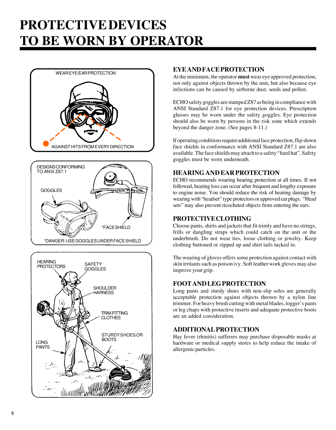 Echo GRASS/WEED TRIMMER BRUSHCUTTER and CLEARING SAW manual Protective Devices To be Worn by Operator 