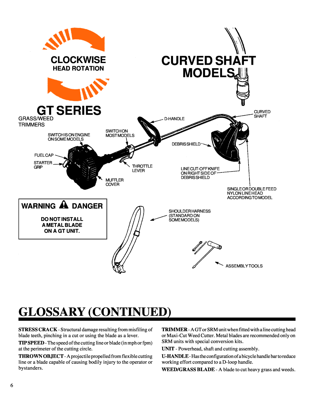 Echo GRASS/WEED TRIMMER BRUSHCUTTER and CLEARING SAW manual Curved Shaft Models, Gt Series, Glossary Continued, Clockwise 