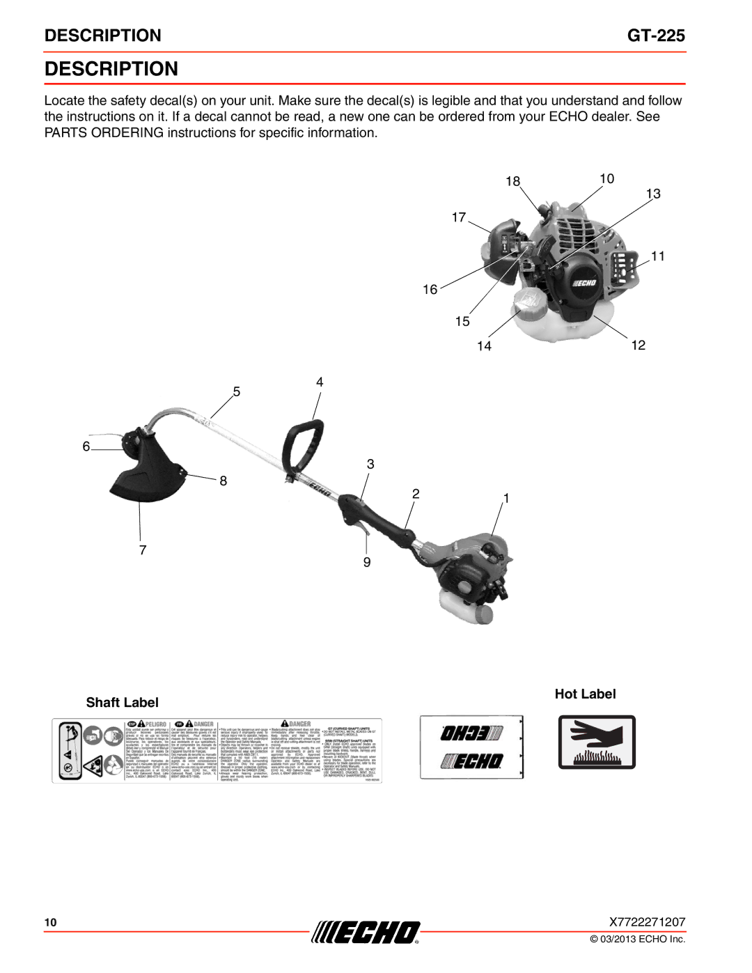 Echo GT-225 specifications Description 