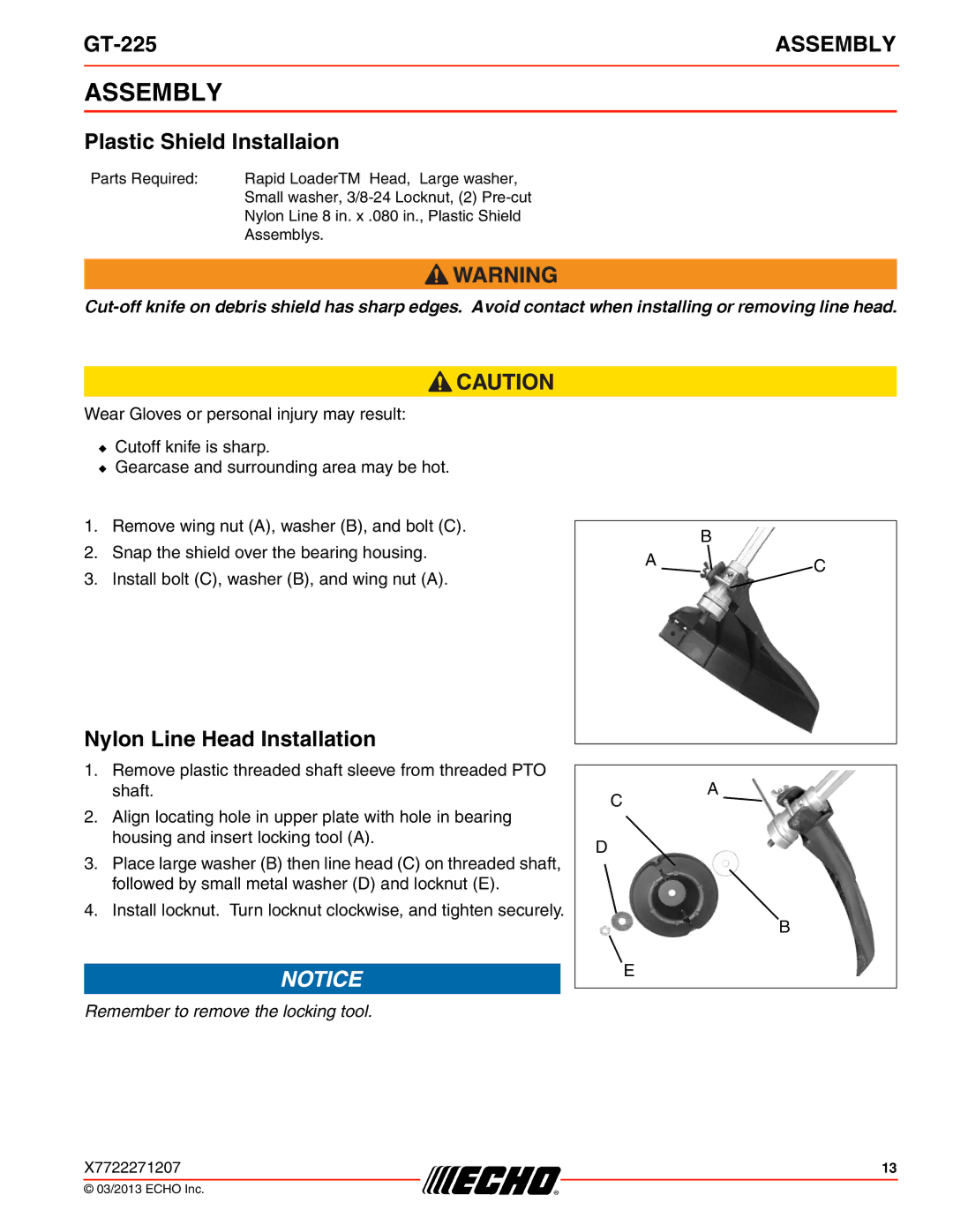 Echo GT-225 specifications Assembly, Plastic Shield Installaion, Nylon Line Head Installation 