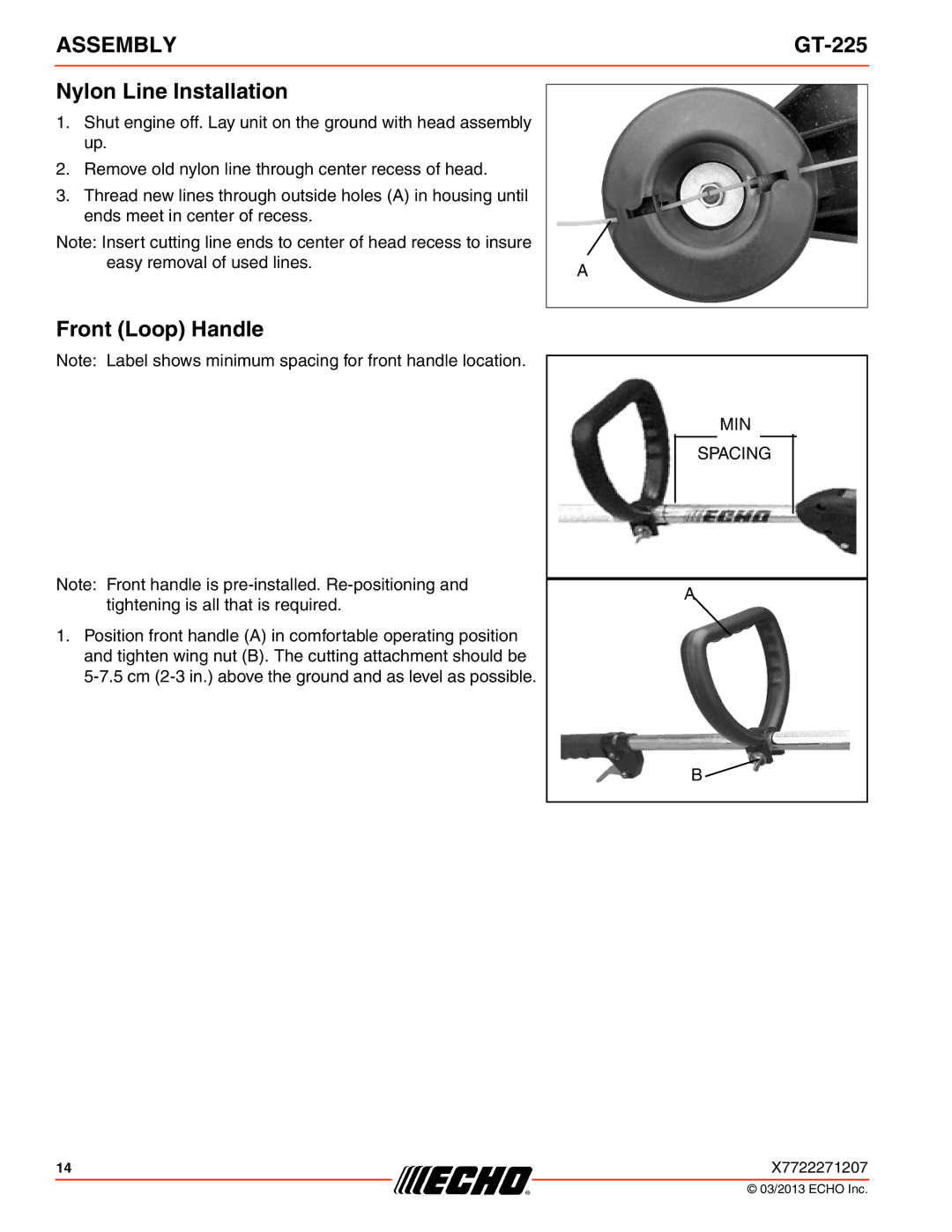 Echo GT-225 specifications Nylon Line Installation, Front Loop Handle 