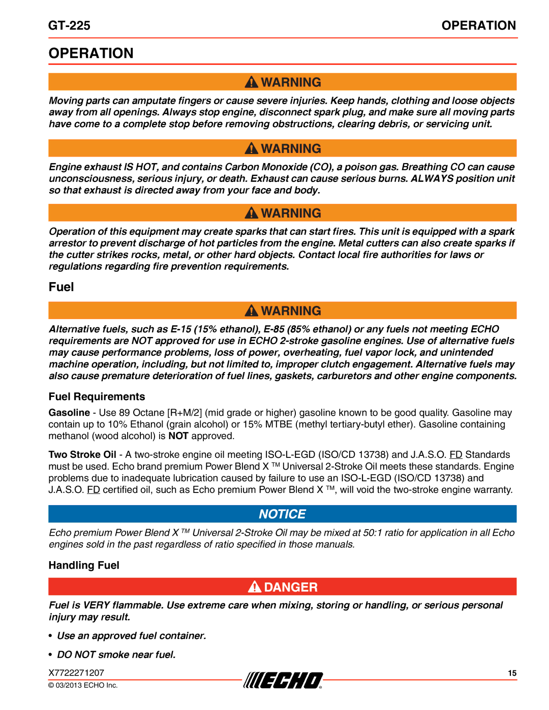 Echo GT-225 specifications Operation, Fuel Requirements, Handling Fuel 