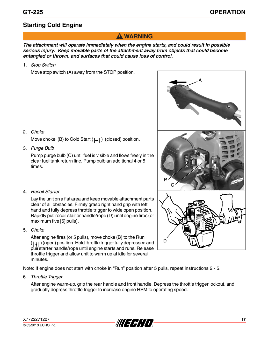 Echo GT-225 specifications Starting Cold Engine, Purge Bulb 