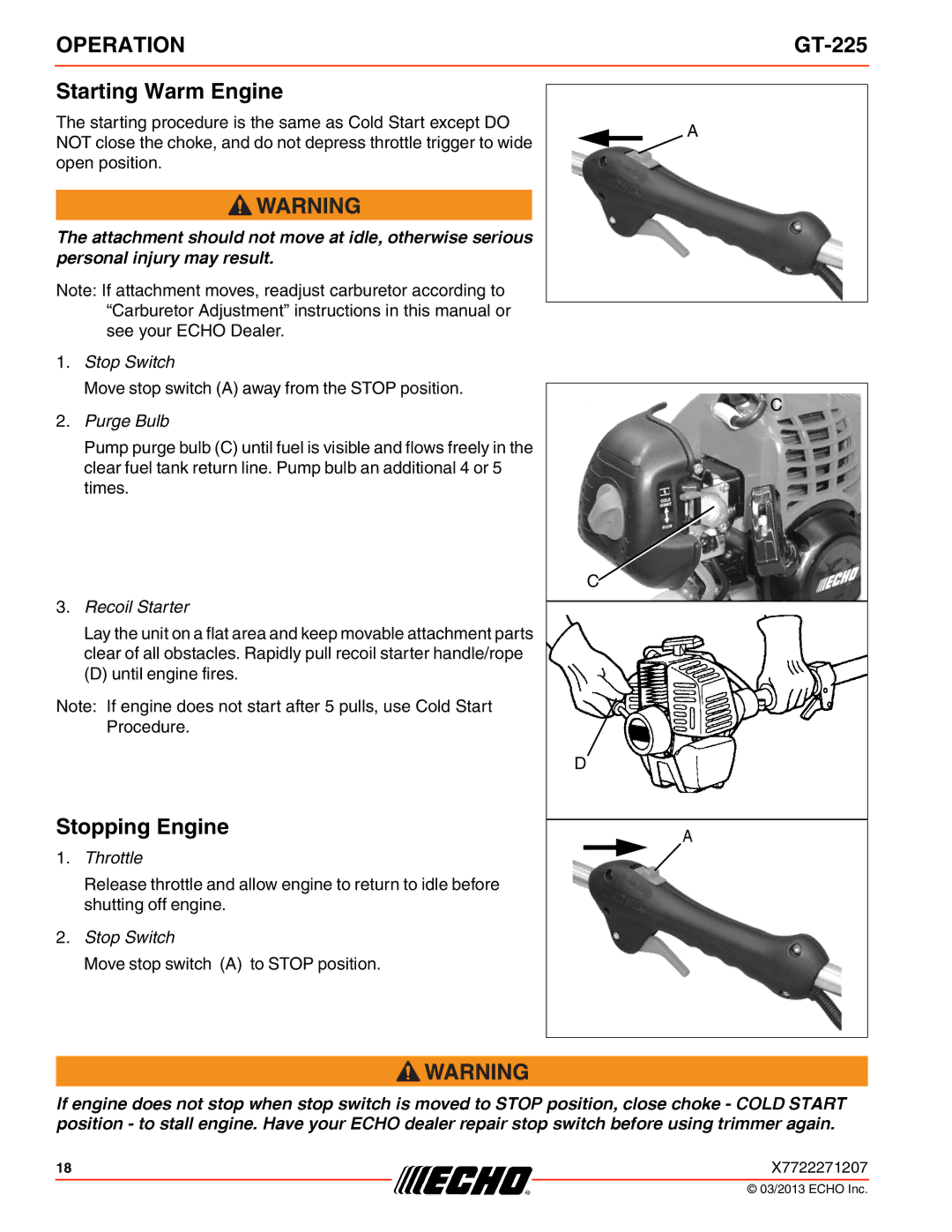 Echo GT-225 specifications Starting Warm Engine, Stopping Engine 