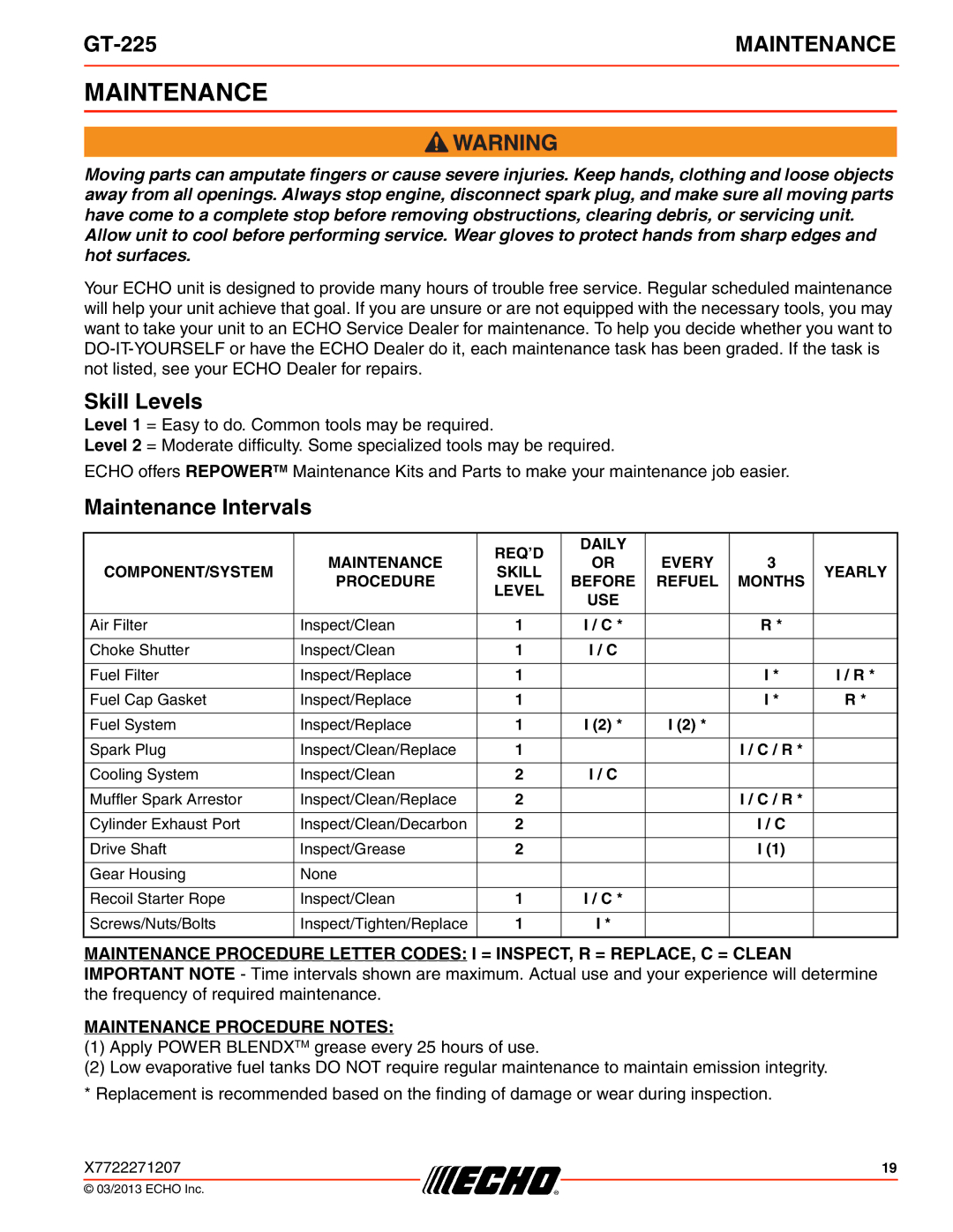 Echo GT-225 specifications Skill Levels, Maintenance Intervals 