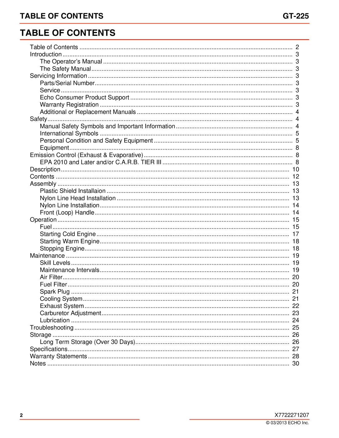 Echo GT-225 specifications Table of Contents 