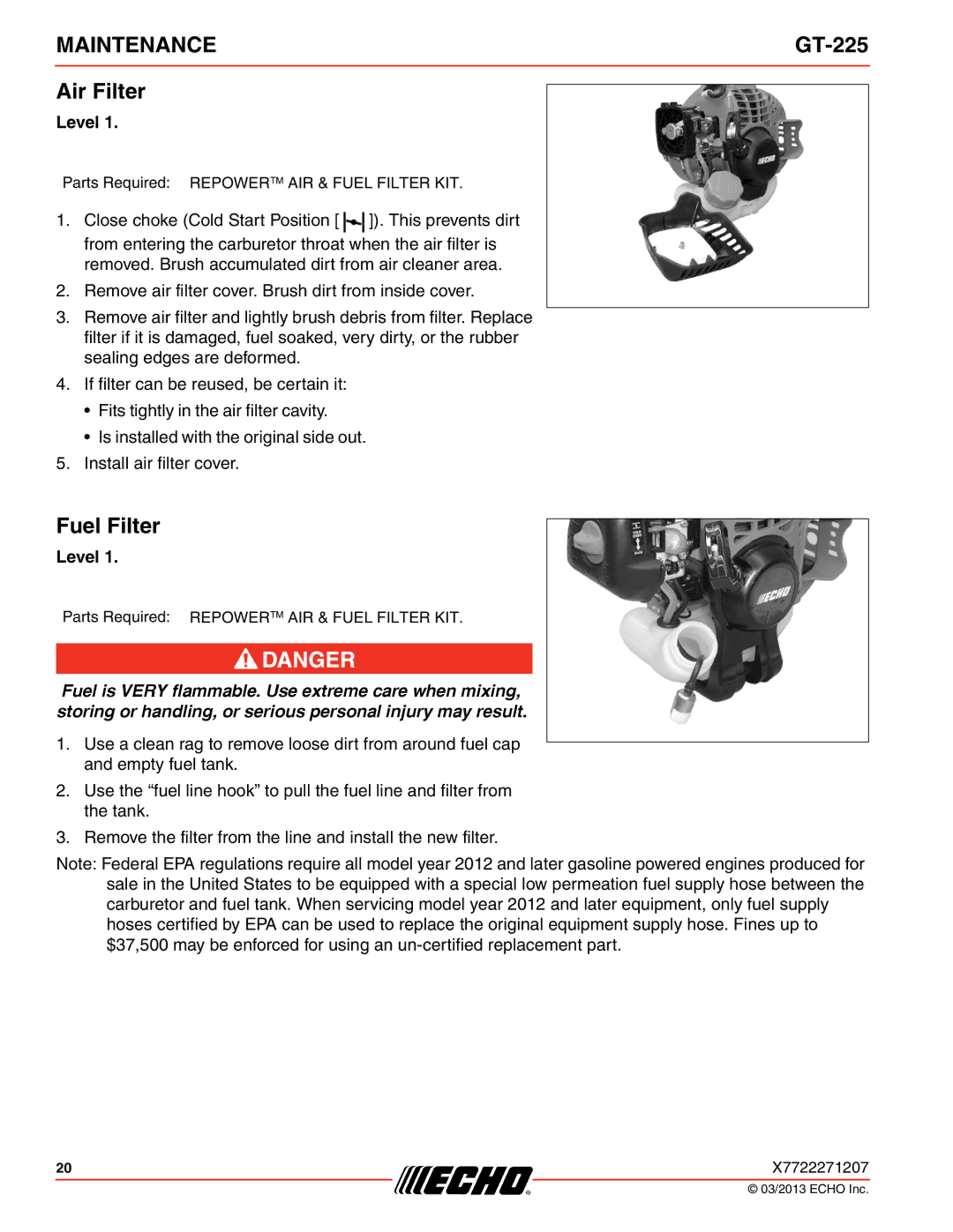 Echo GT-225 specifications Air Filter, Fuel Filter 