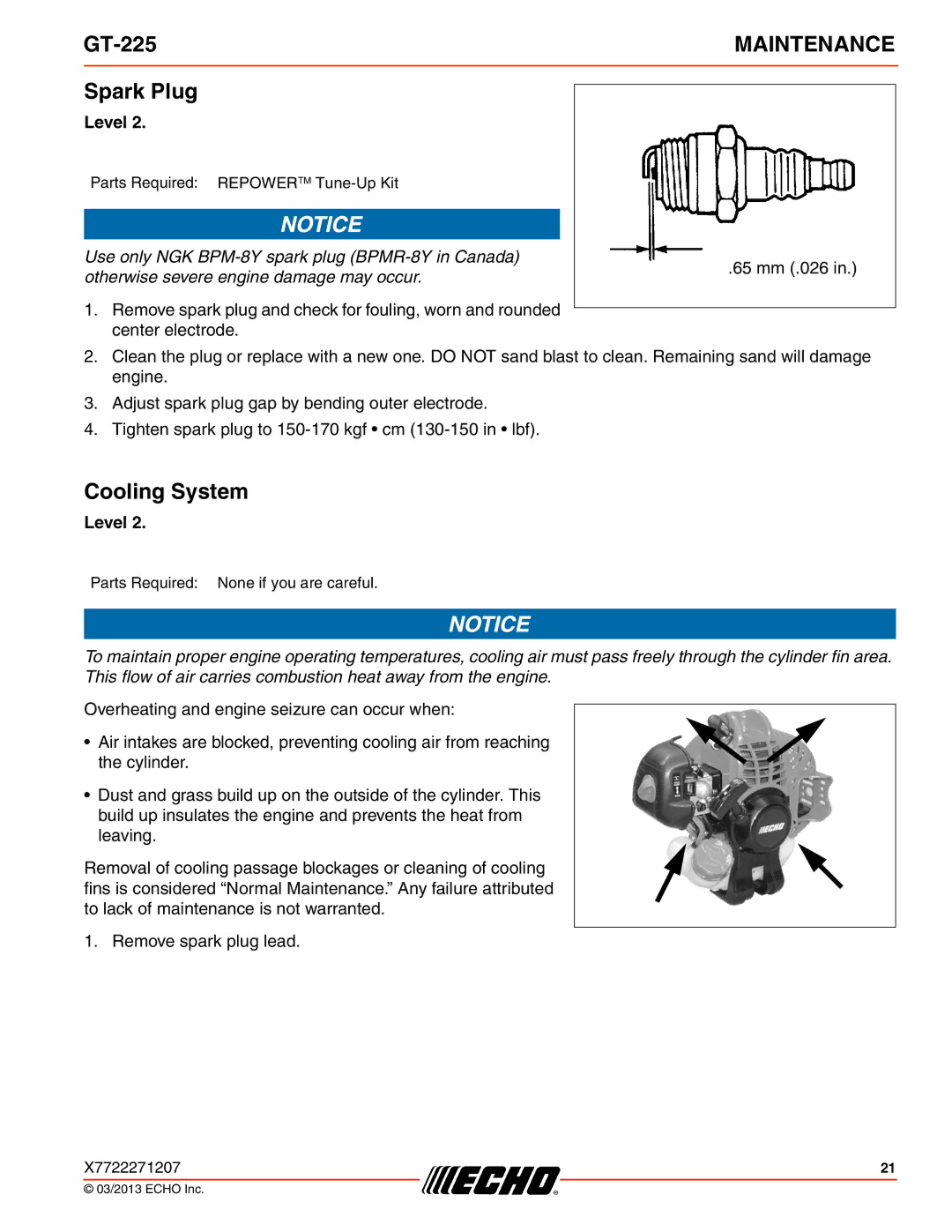 Echo GT-225 specifications Spark Plug, Cooling System 