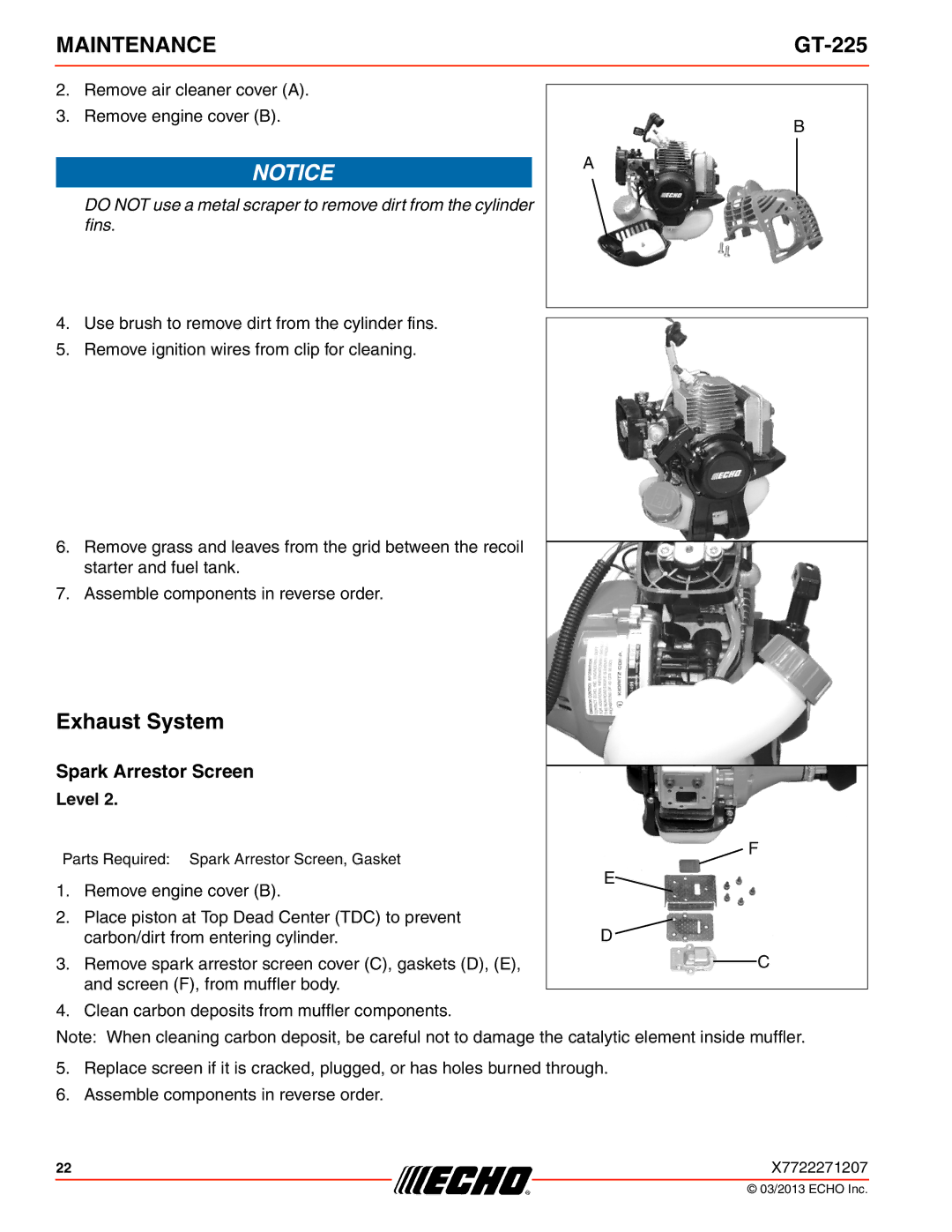 Echo GT-225 specifications Exhaust System, Spark Arrestor Screen 