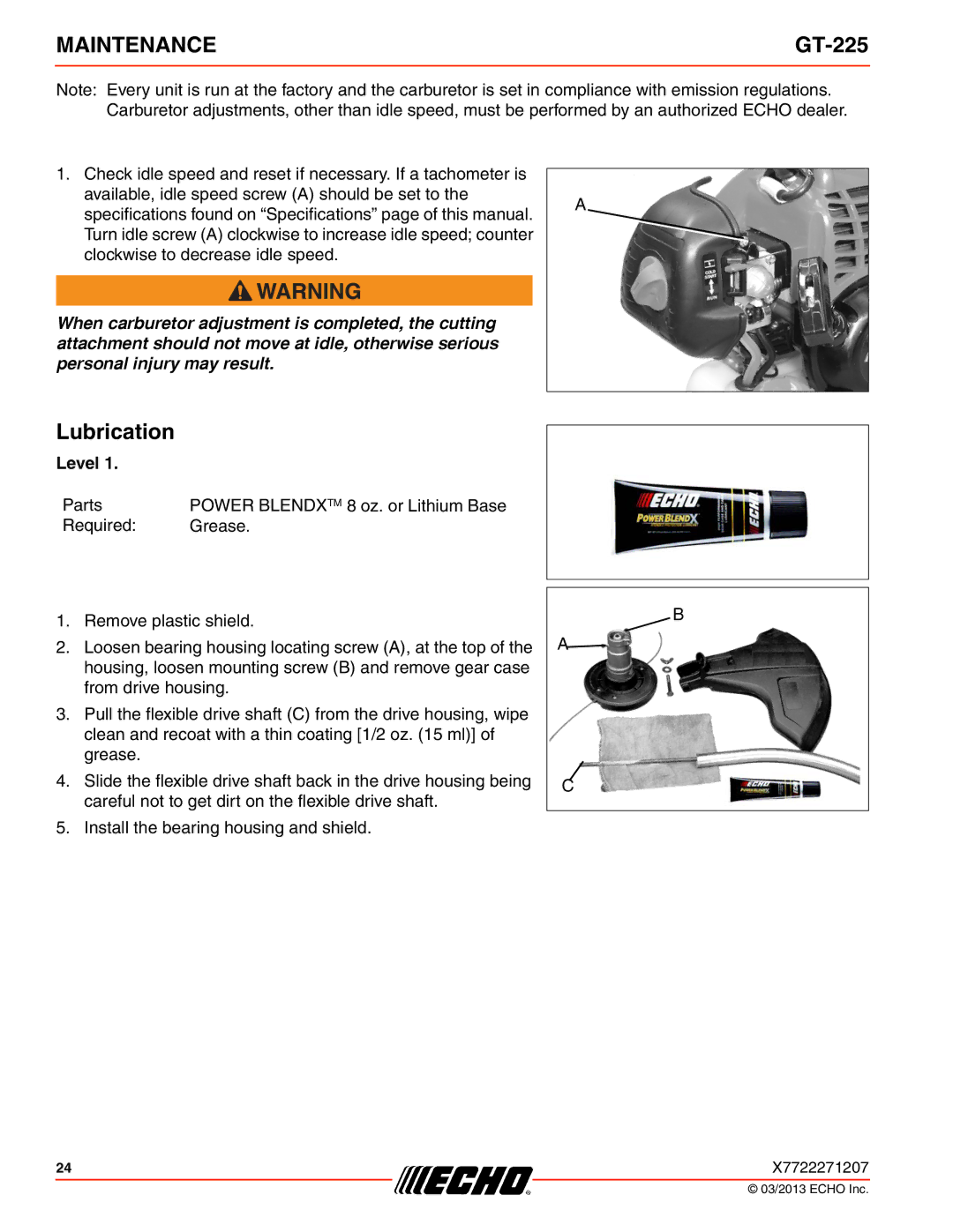 Echo GT-225 specifications Lubrication 