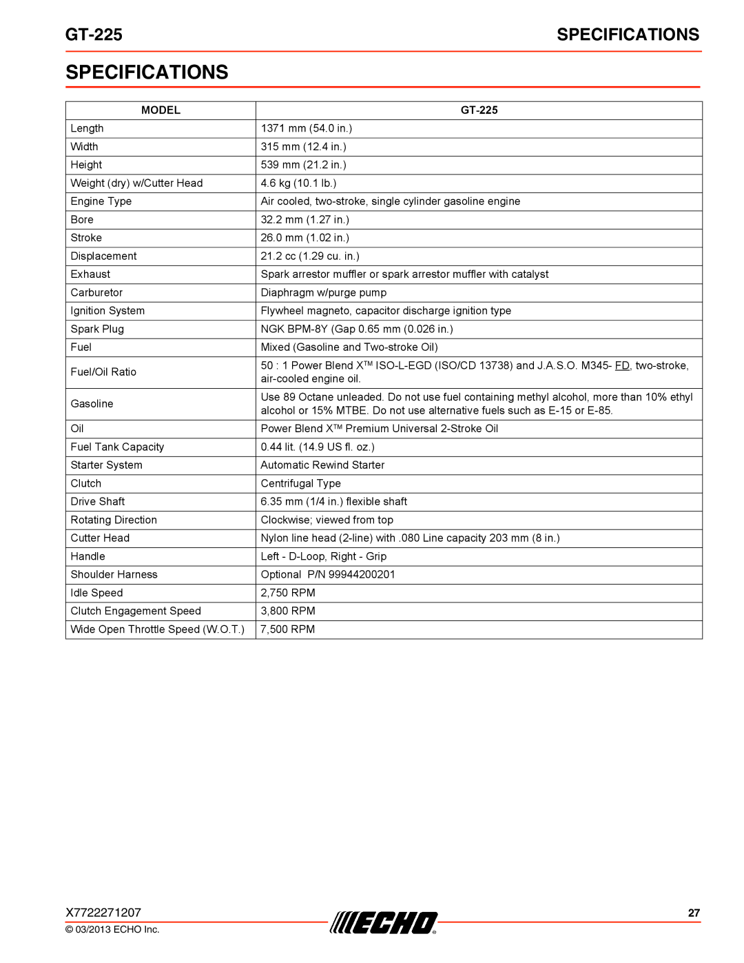 Echo GT-225 specifications Specifications, Model 