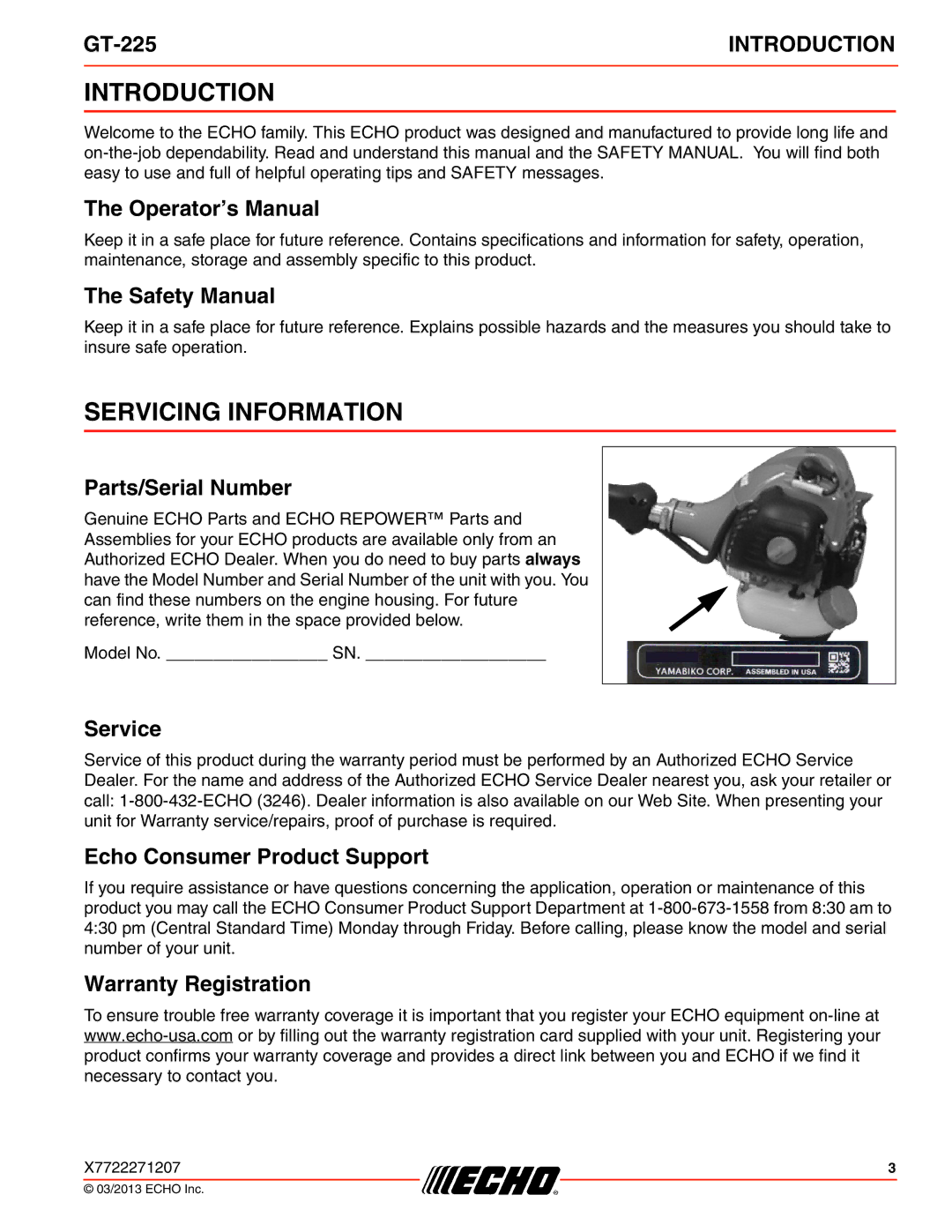 Echo GT-225 specifications Introduction, Servicing Information 