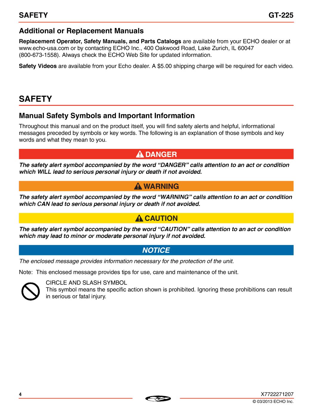 Echo GT-225 specifications Additional or Replacement Manuals, Manual Safety Symbols and Important Information 