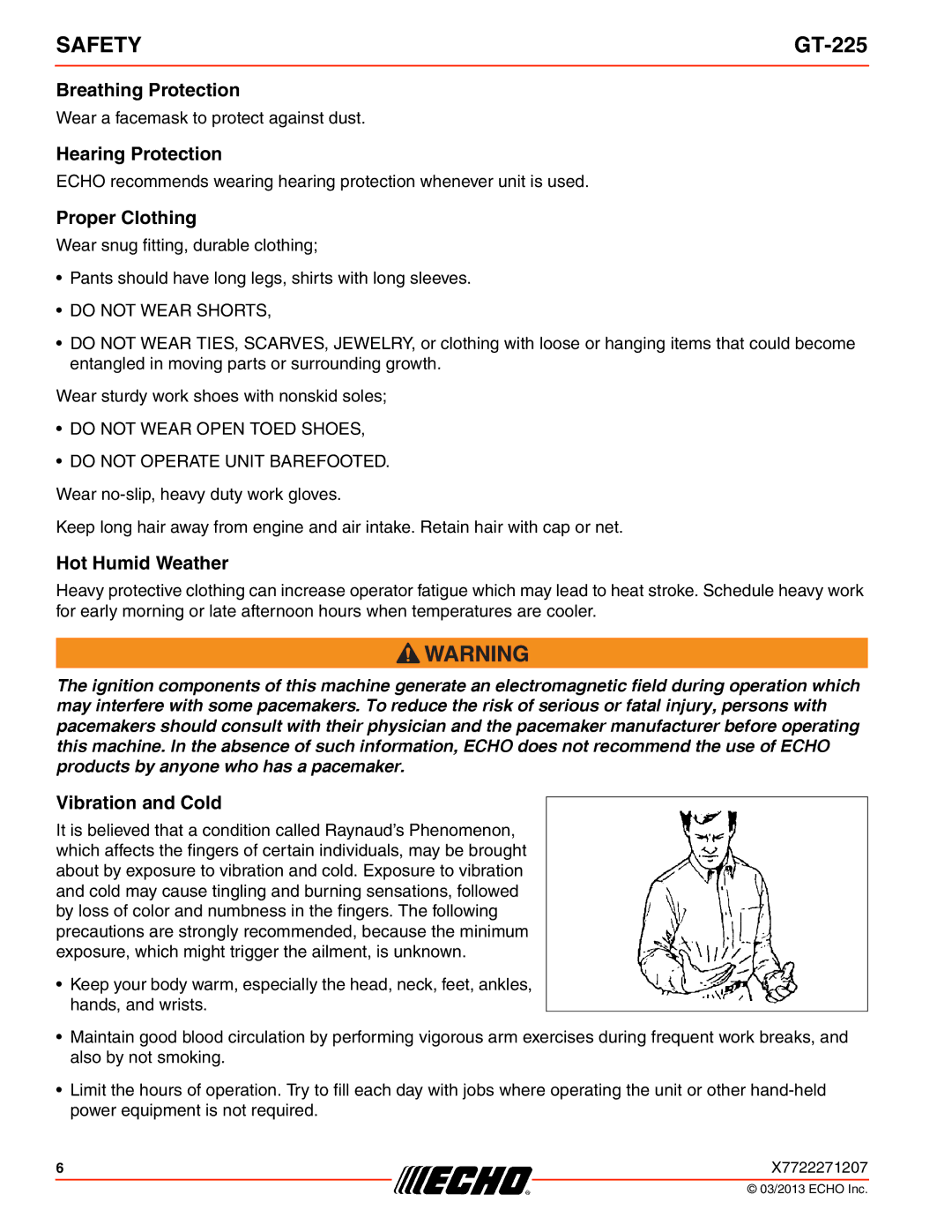 Echo GT-225 specifications Breathing Protection, Hearing Protection, Proper Clothing, Hot Humid Weather, Vibration and Cold 