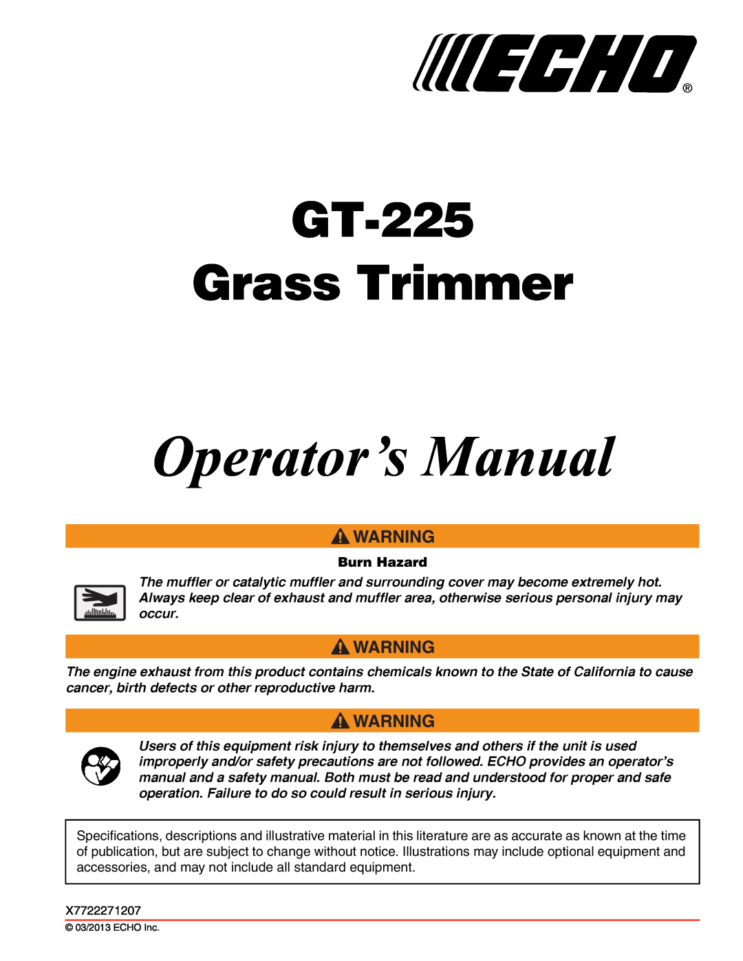 Echo specifications Burn Hazard, Operator’s Manual, GT-225 Grass Trimmer 