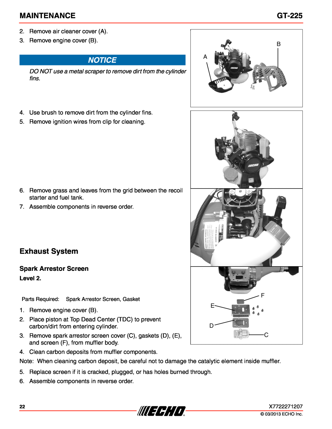 Echo GT-225 specifications Exhaust System, Spark Arrestor Screen, Maintenance, Level 