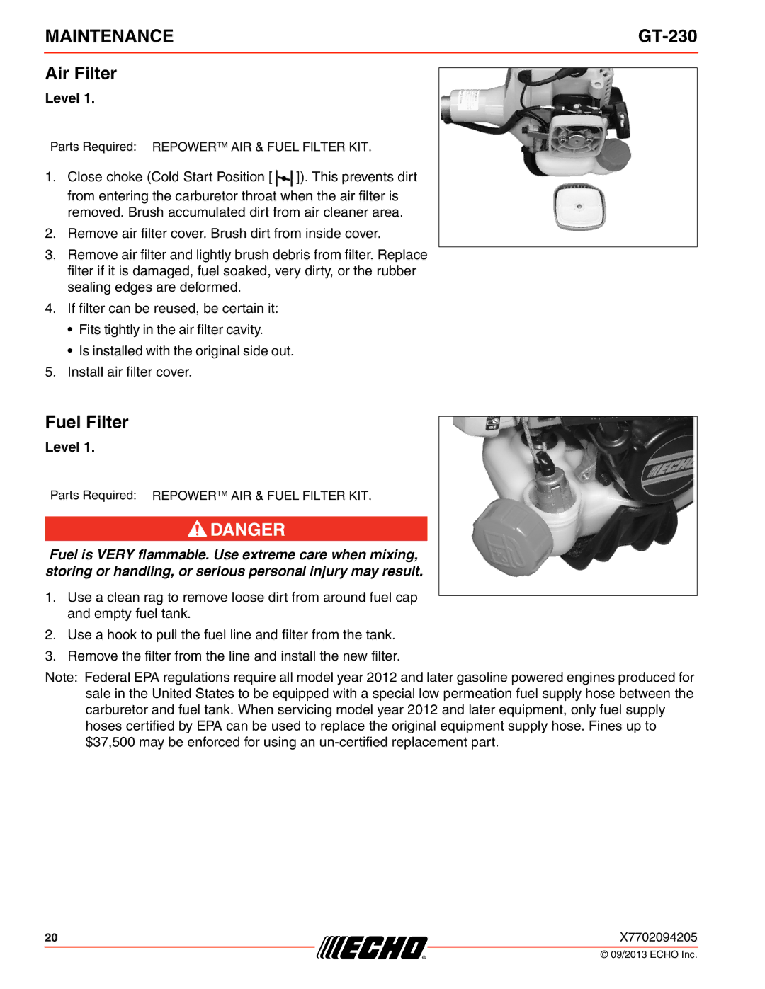 Echo GT-230 specifications Air Filter, Fuel Filter 