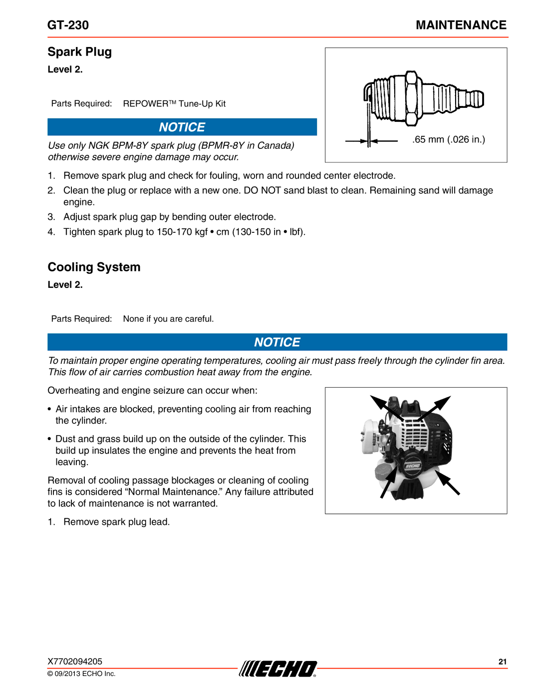 Echo GT-230 specifications Spark Plug, Cooling System 