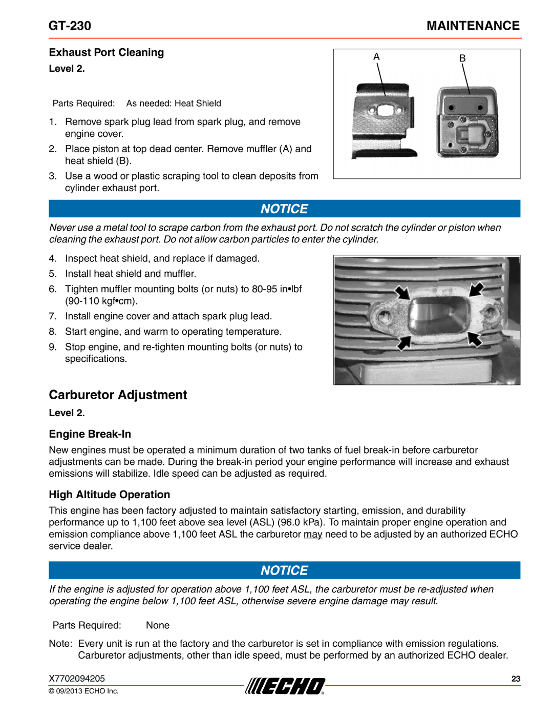 Echo GT-230 specifications Carburetor Adjustment, Exhaust Port Cleaning, Engine Break-In, High Altitude Operation 