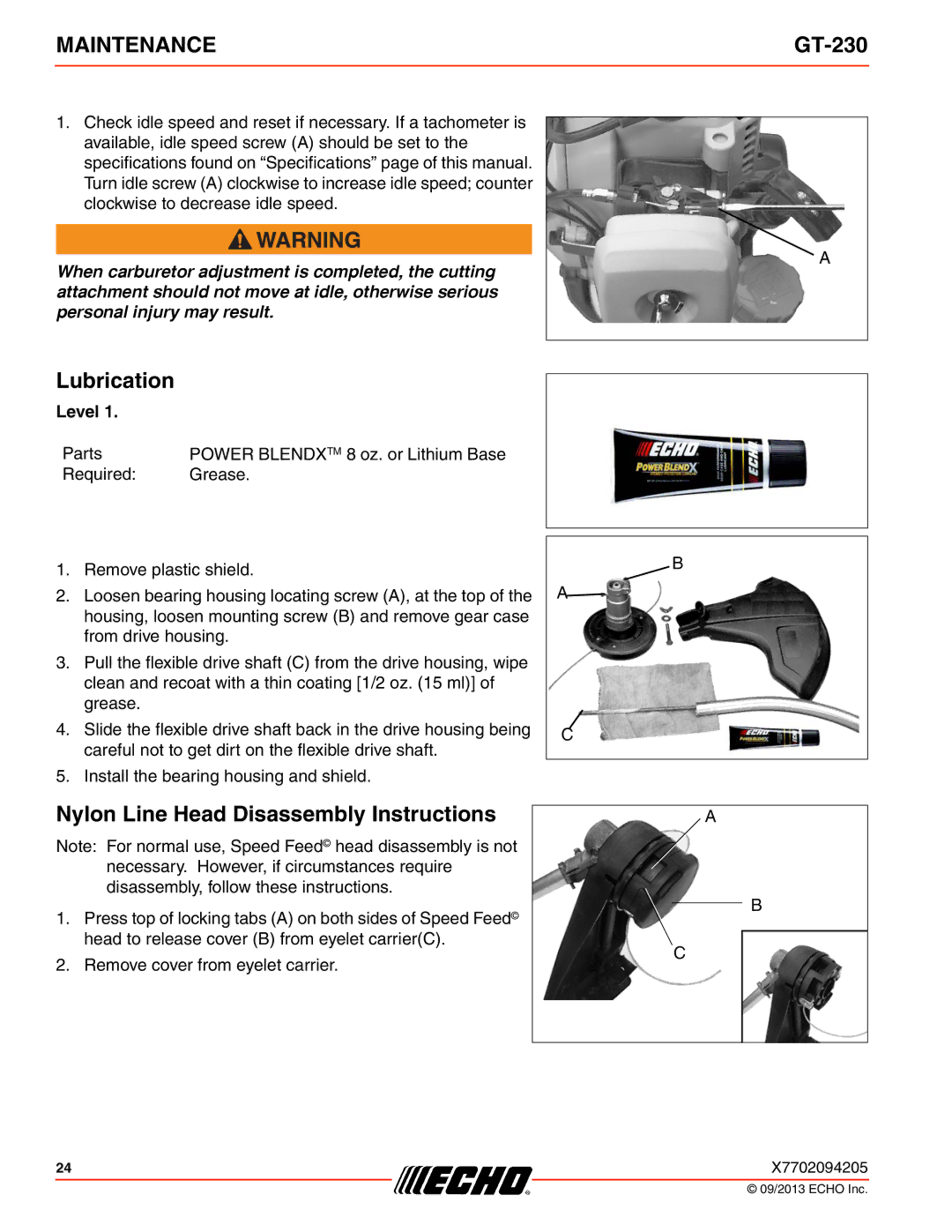 Echo GT-230 specifications Lubrication, Nylon Line Head Disassembly Instructions 