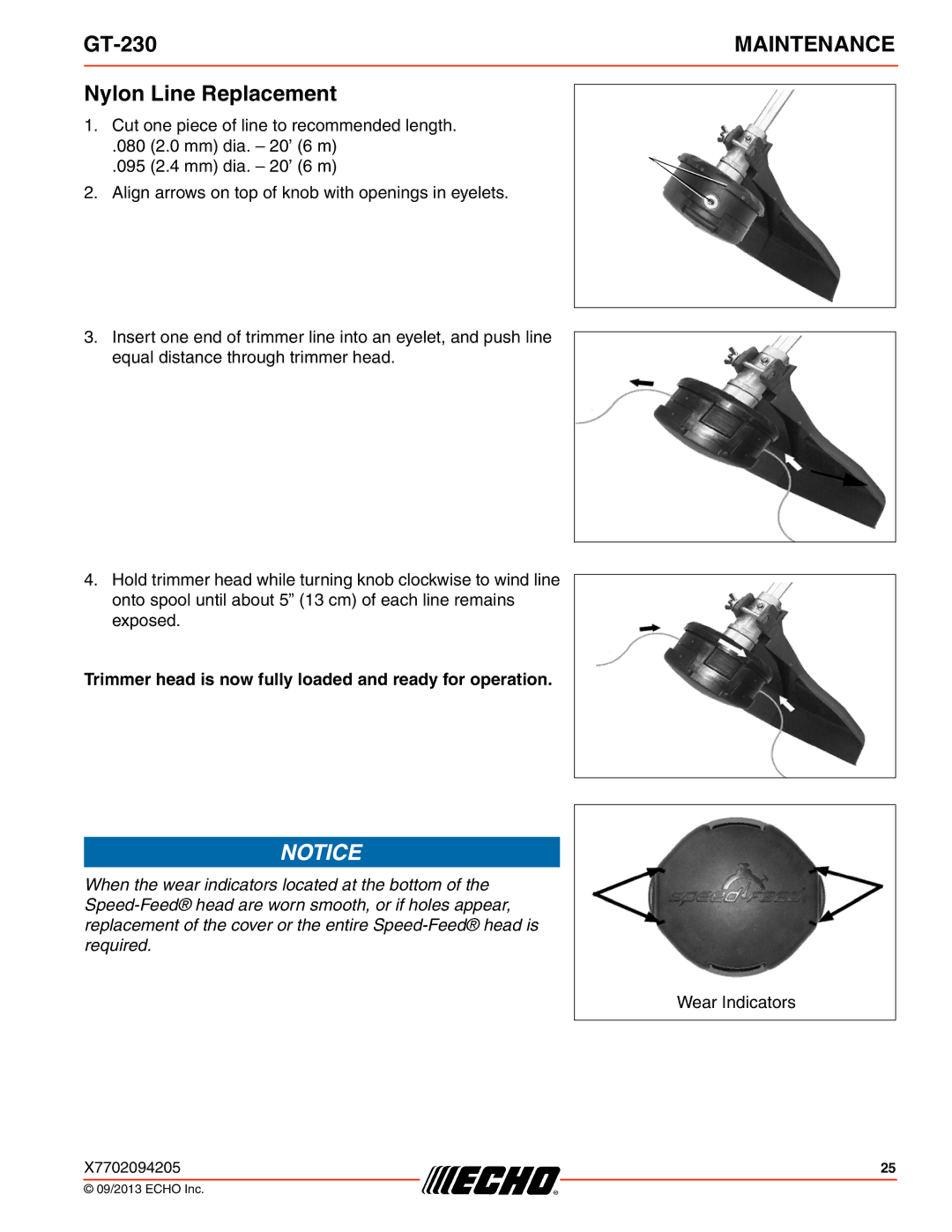 Echo GT-230 specifications Nylon Line Replacement, Trimmer head is now fully loaded and ready for operation 