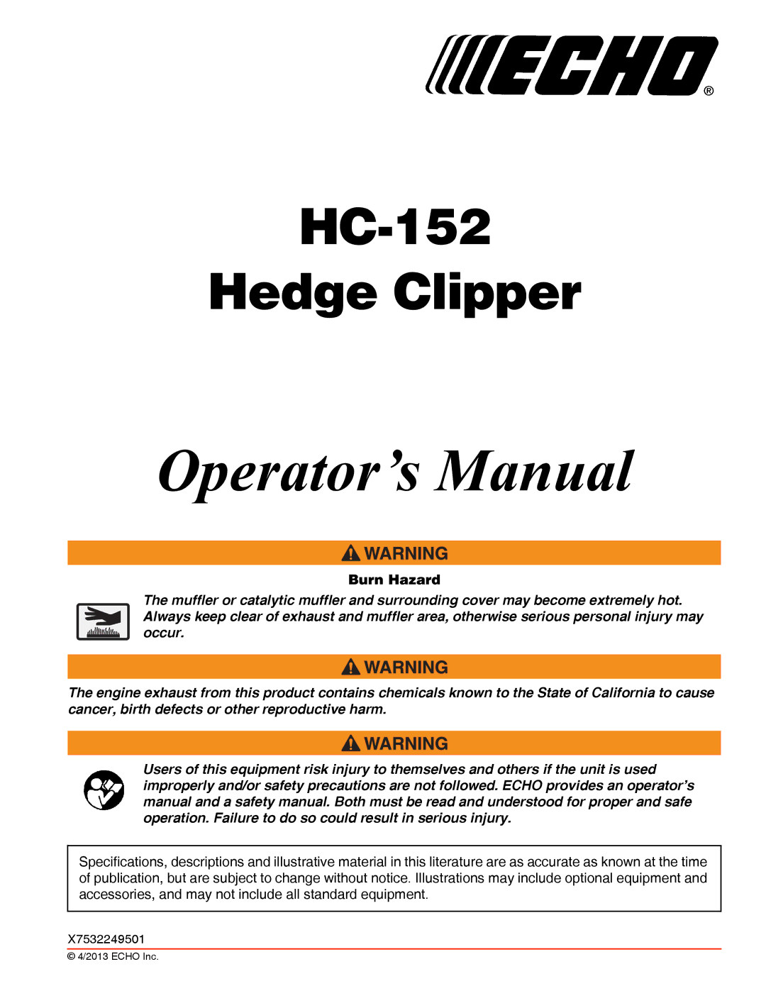 Echo HC-152 specifications Operator’s Manual 