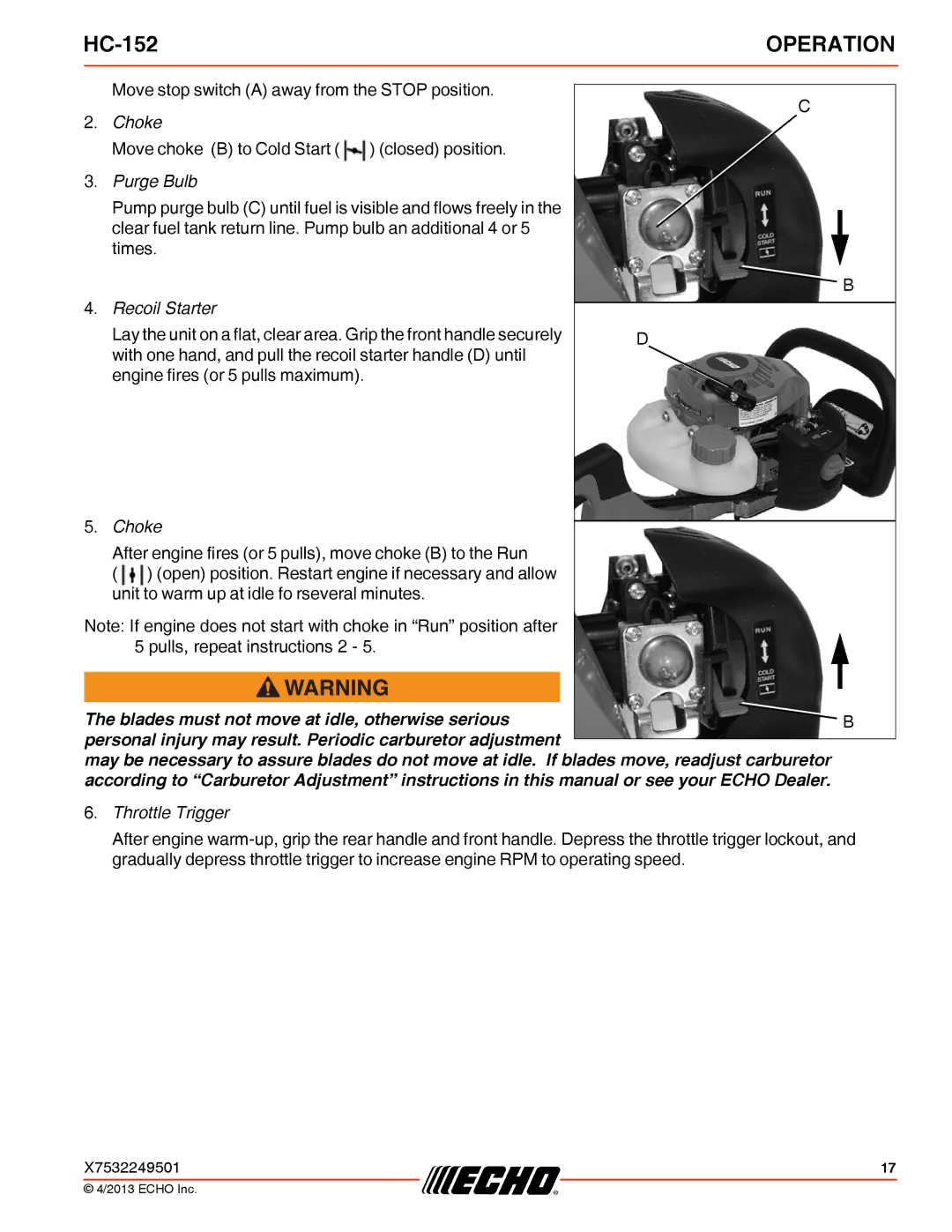 Echo HC-152 specifications Choke 