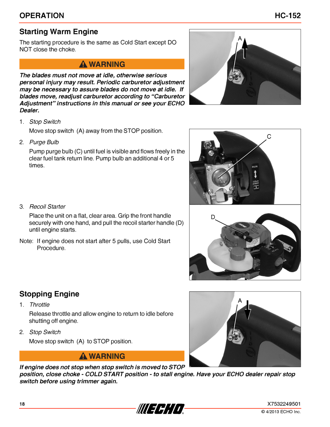 Echo HC-152 specifications Starting Warm Engine, Stopping Engine 