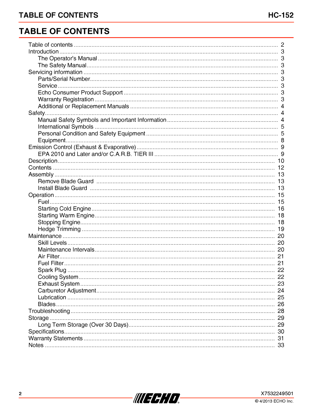 Echo HC-152 specifications Table of Contents 