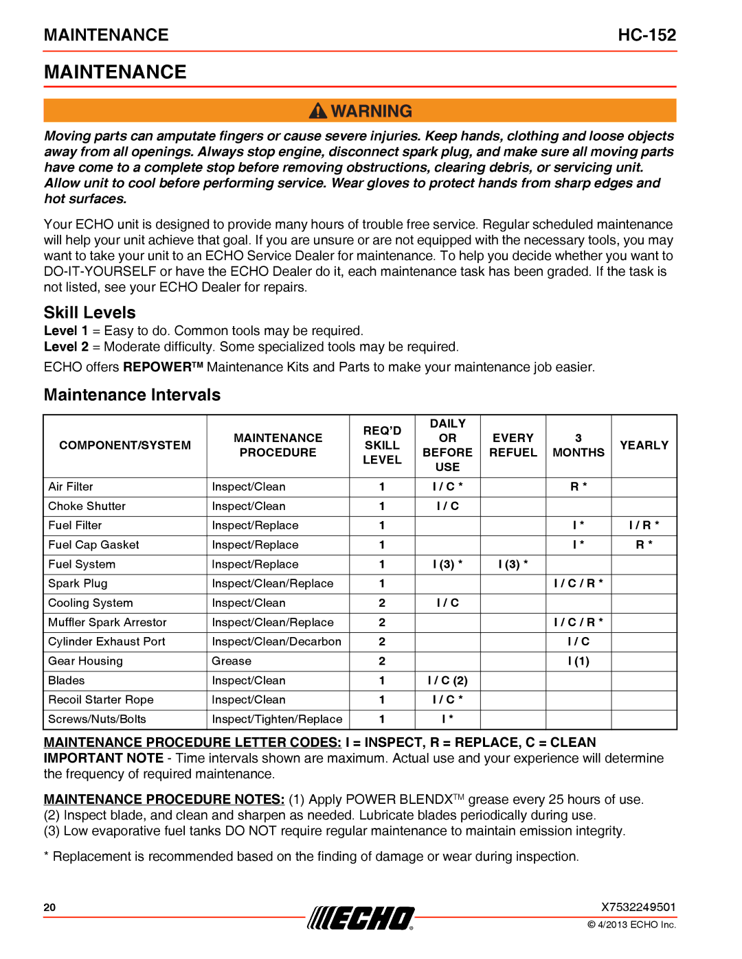 Echo HC-152 specifications Skill Levels, Maintenance Intervals 