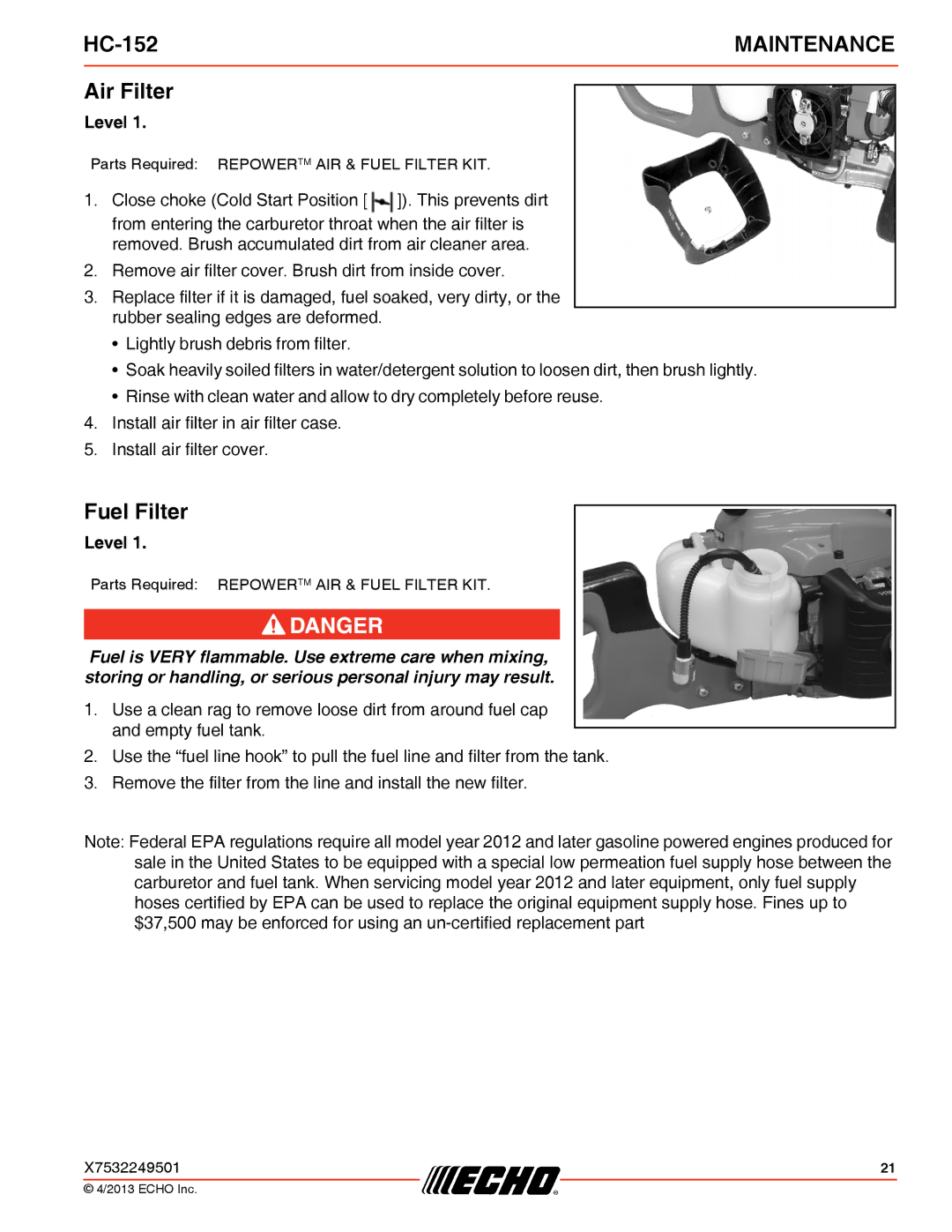 Echo HC-152 specifications Air Filter, Fuel Filter 