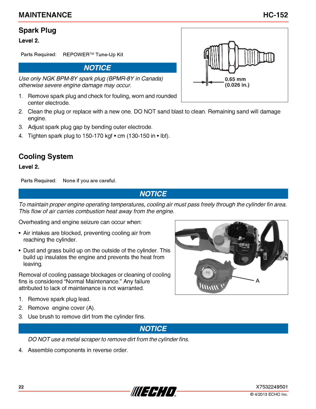 Echo HC-152 specifications Spark Plug, Cooling System 