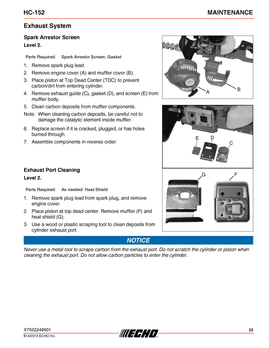 Echo HC-152 specifications Exhaust System, Spark Arrestor Screen, Exhaust Port Cleaning 