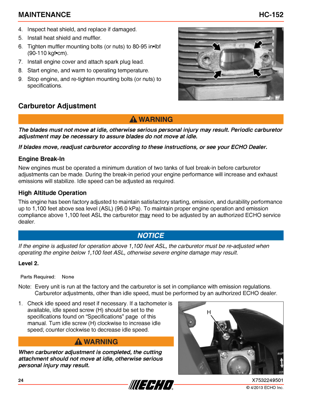 Echo HC-152 specifications Carburetor Adjustment, Engine Break-In, High Altitude Operation 