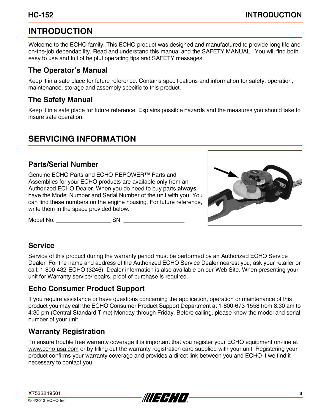 Echo HC-152 specifications Introduction, Servicing Information 