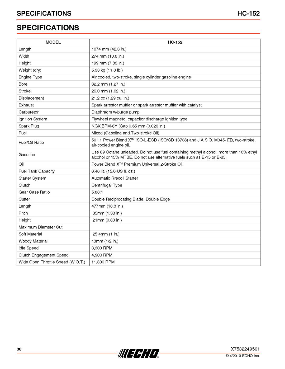 Echo HC-152 specifications Specifications, Model 