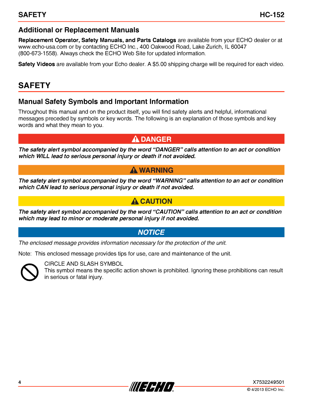 Echo HC-152 specifications Additional or Replacement Manuals, Manual Safety Symbols and Important Information 