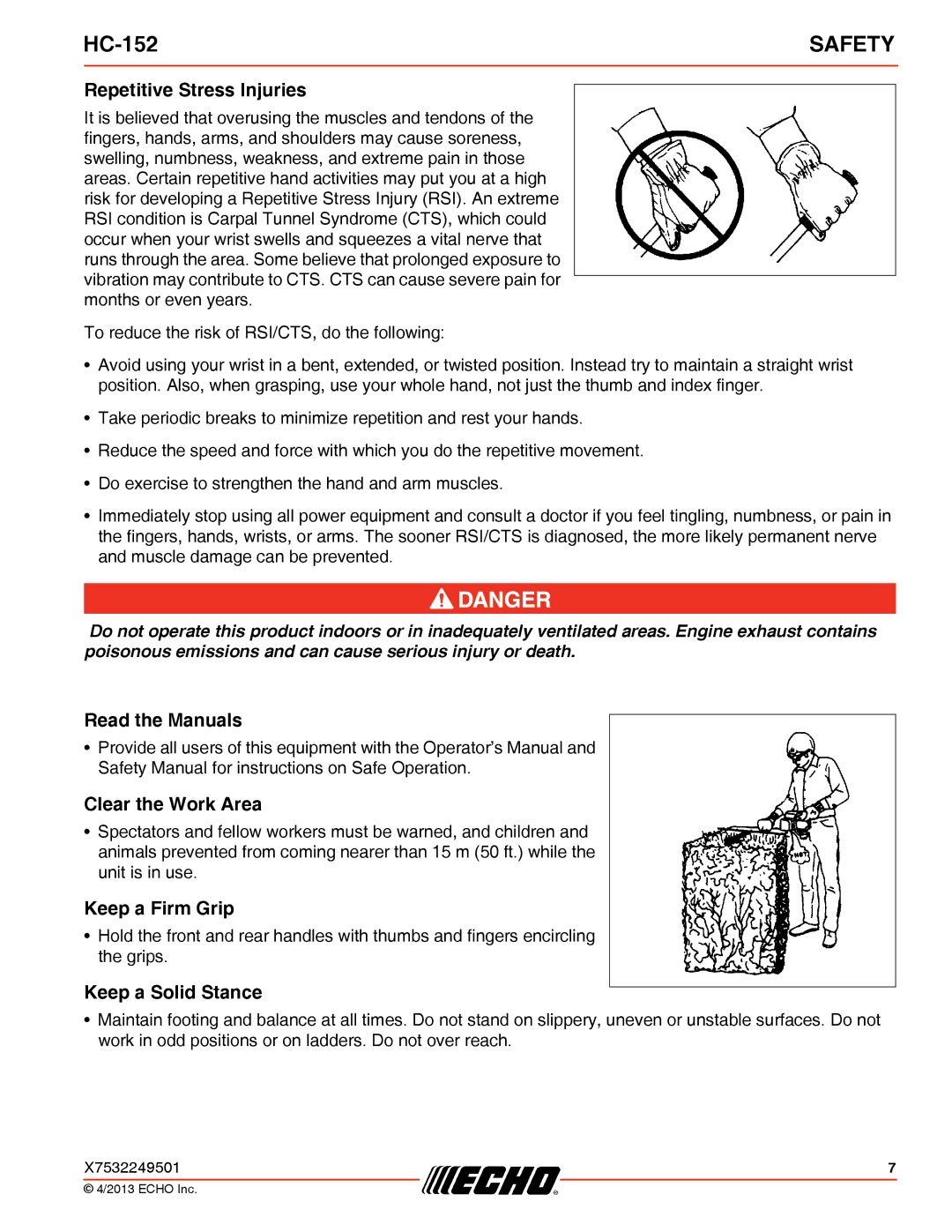 Echo HC-152 Repetitive Stress Injuries, Read the Manuals, Clear the Work Area, Keep a Firm Grip, Keep a Solid Stance 