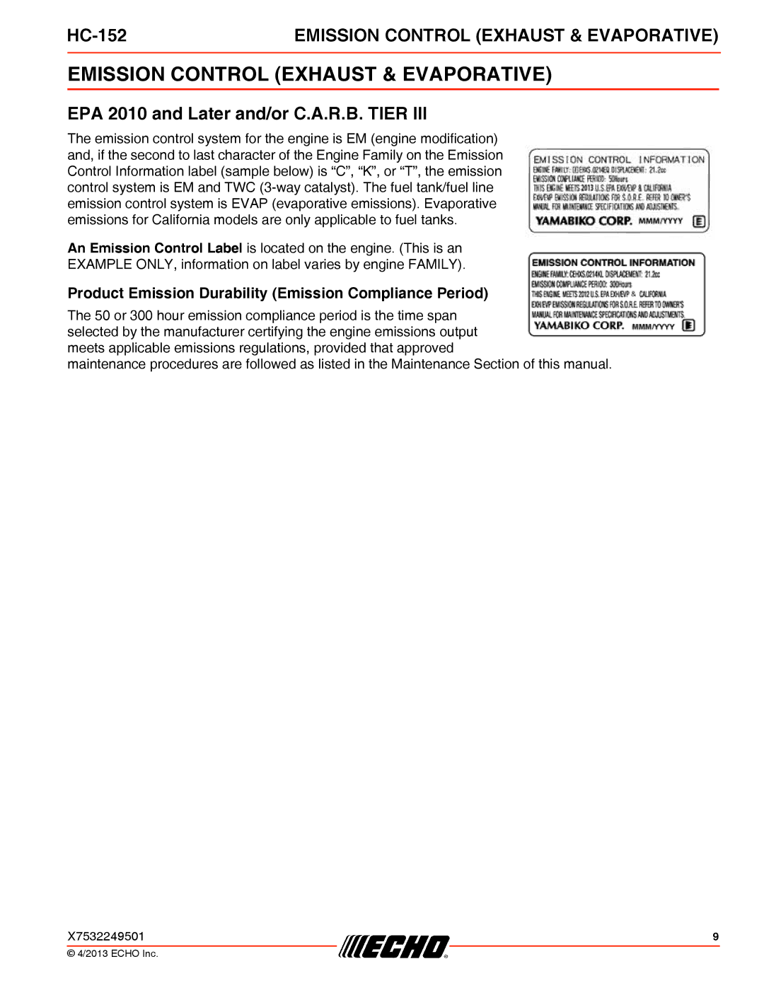 Echo HC-152 specifications Emission Control Exhaust & Evaporative, EPA 2010 and Later and/or C.A.R.B. Tier 