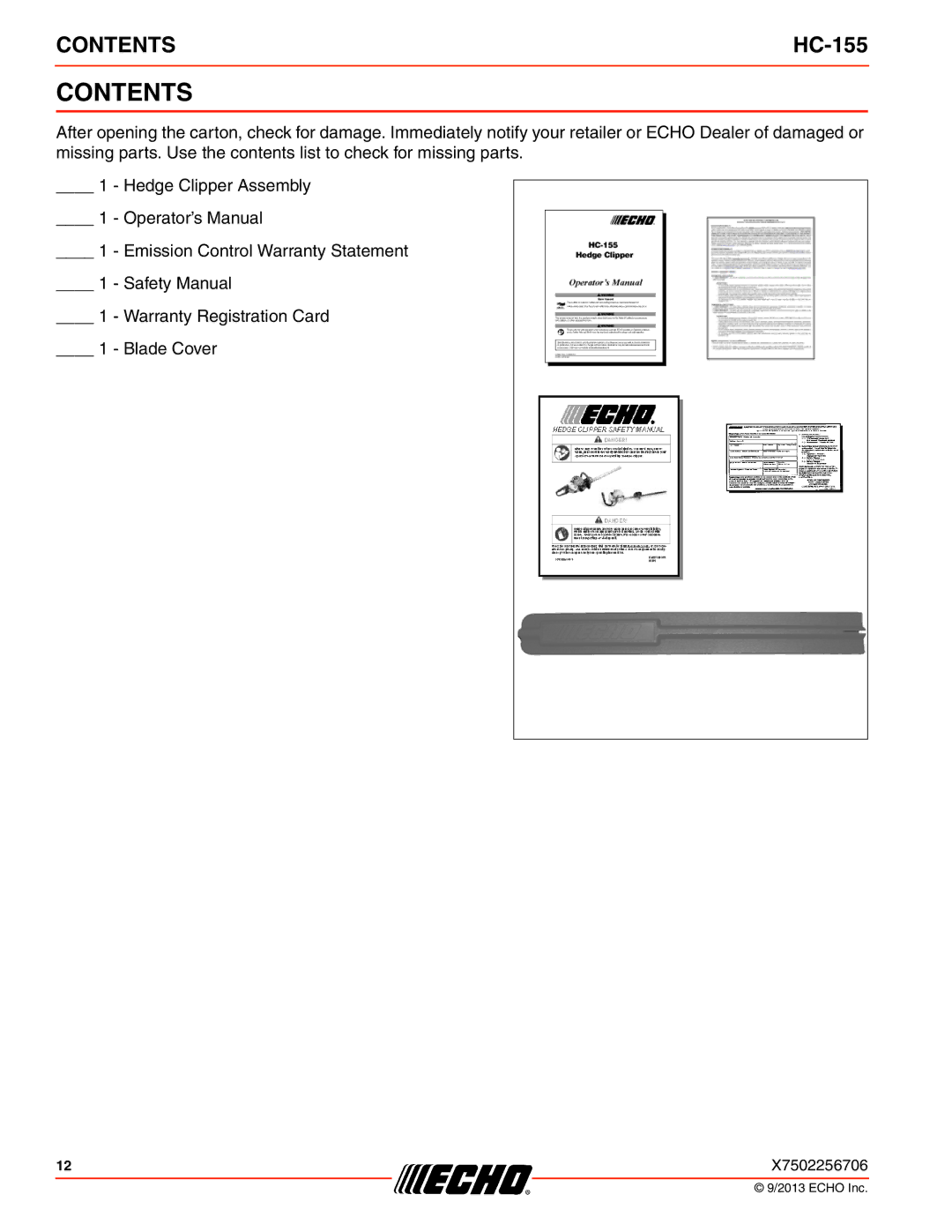 Echo HC-155 specifications Contents 