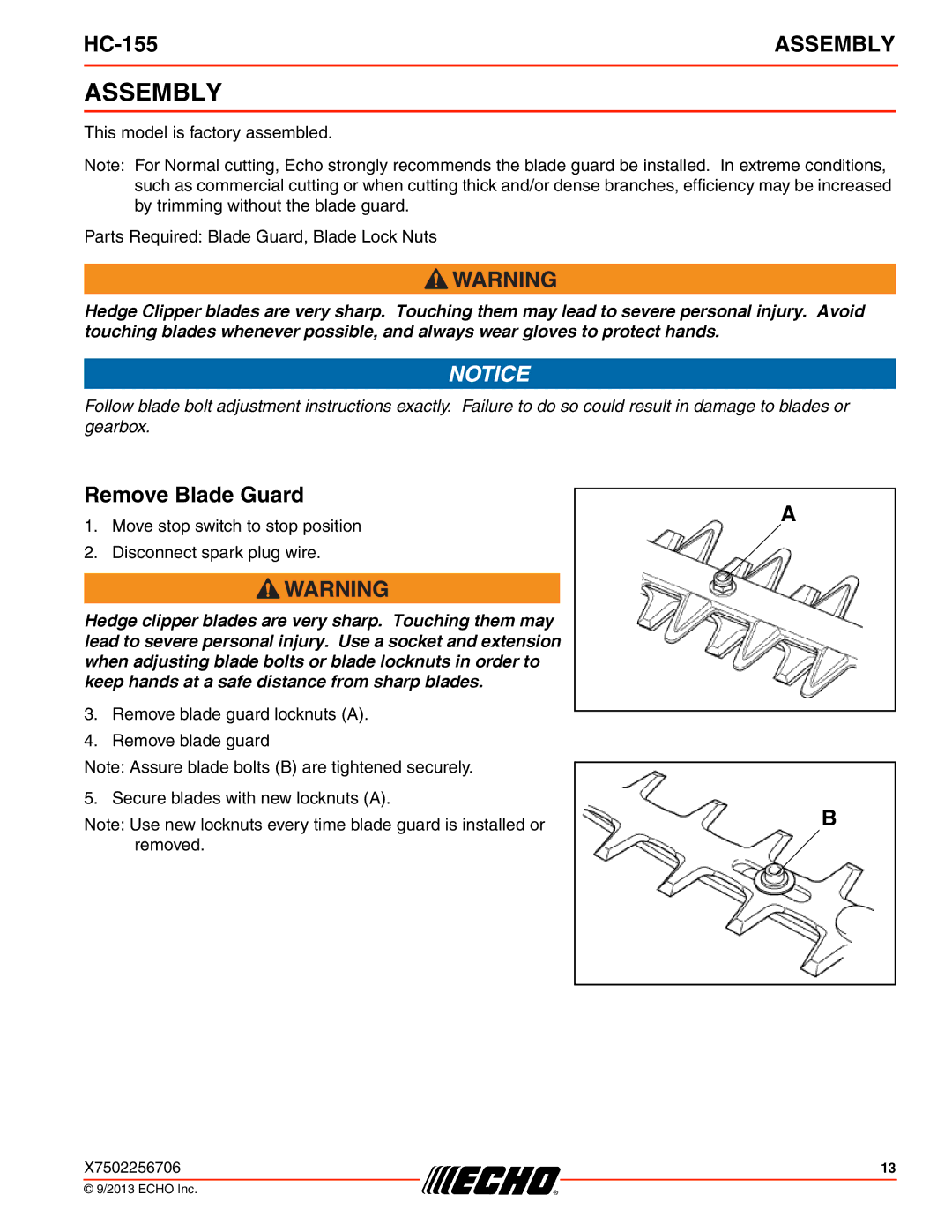 Echo HC-155 specifications Assembly, Remove Blade Guard 